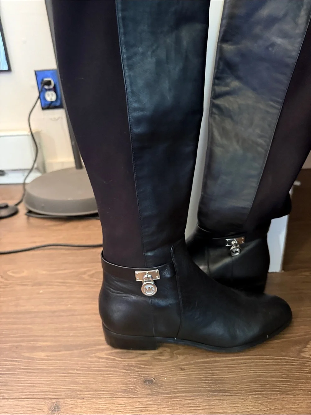 Michael Kors Black Leather & Stretch Over-the-Knee Boots with MK Charm